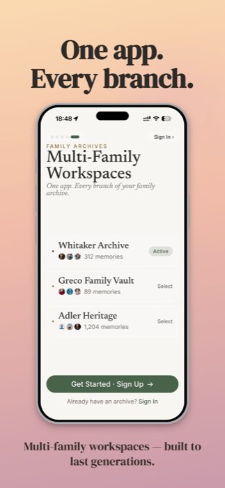 Multi-family workspace selector showing the Whitaker, Greco, and Adler archives.